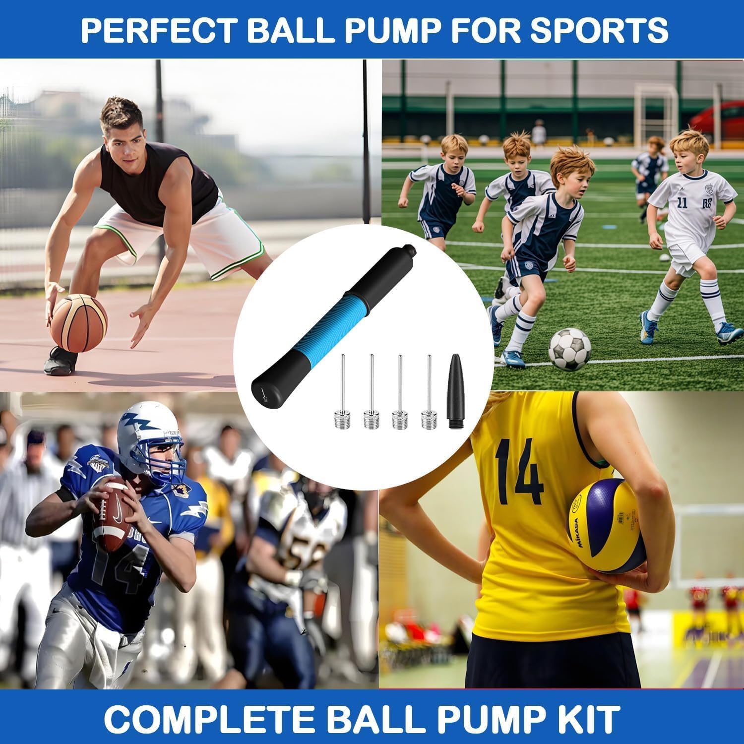 Ball Pump with Needle Storage(Never Lose Pin) Basketball Pump with 5 Needles and Extendable Cable, Soccer Football Pumps, Volleyball Pump Rugby Ball Inflator - Great for All Balls