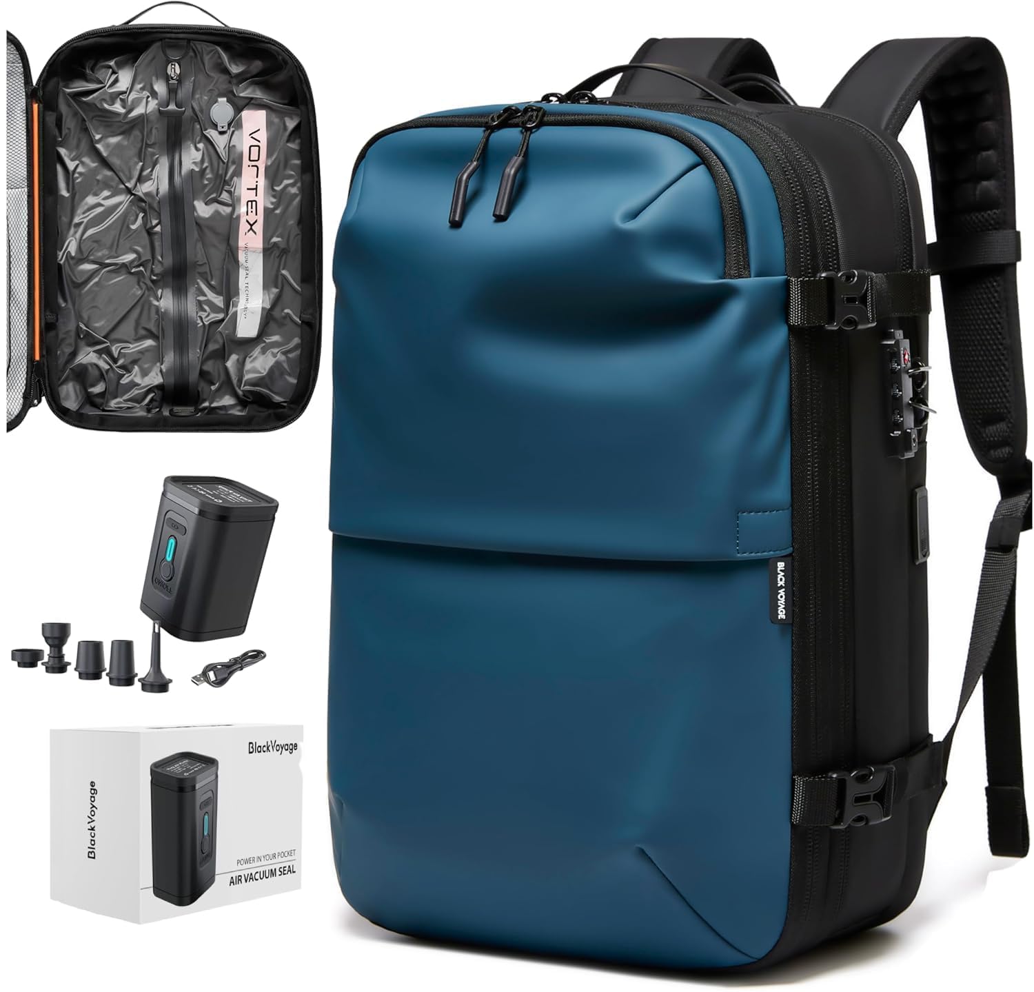 BlackVoyage Vortex Vacuum Seal Travel Backpack 60L Expandable Air Compression System Water Resistant TSA Lock Carry-On Suitcase Luggage Black AERO - Vacuum Pump Included