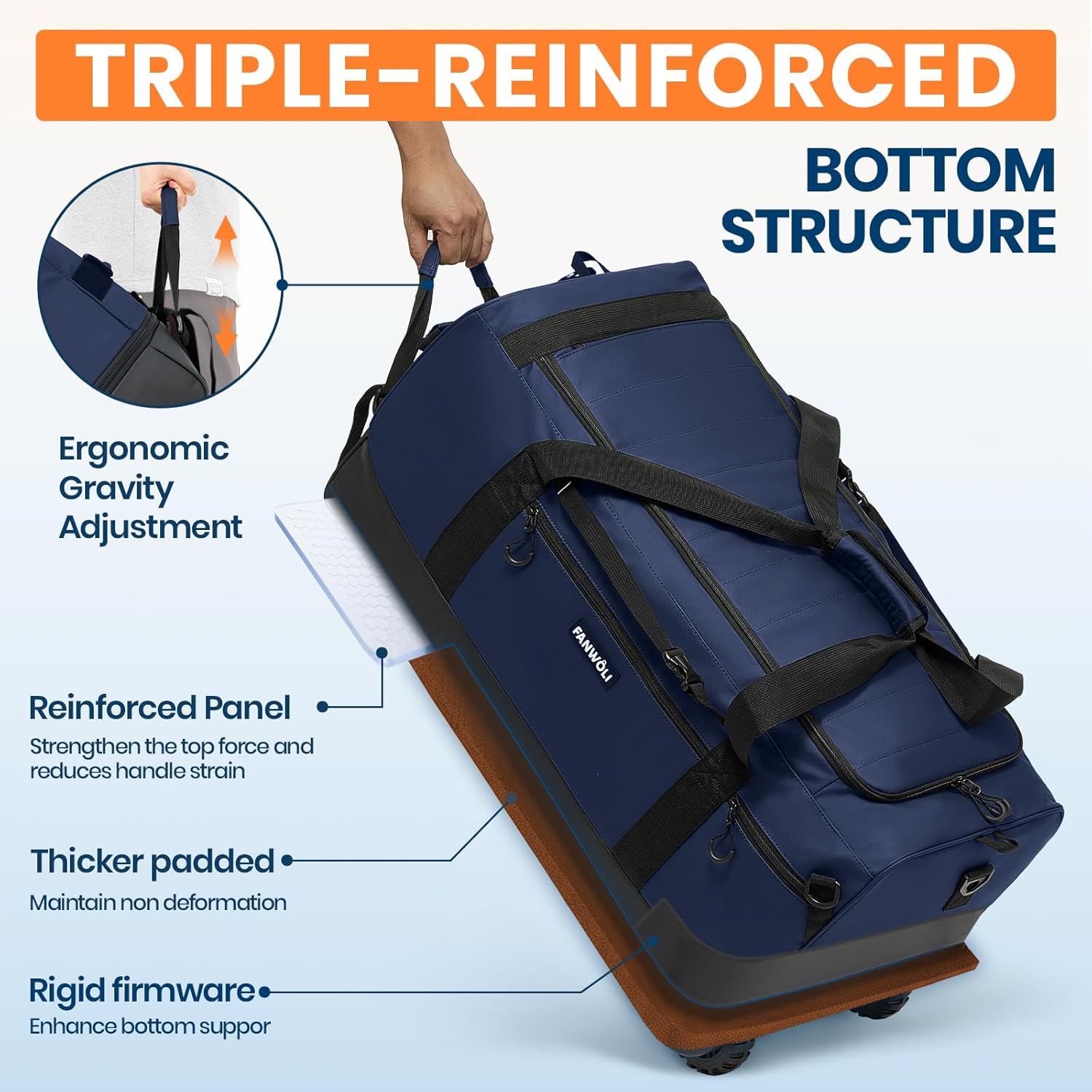 Fanwoli 30'' Large Rolling Duffel Bag with Wheels - No-Sag Design for Heavy Loads, 100L Waterproof Foldable Luggage w/Hidden Backpack Straps & Waist Support Compartment, Lightweight Travel & Gym