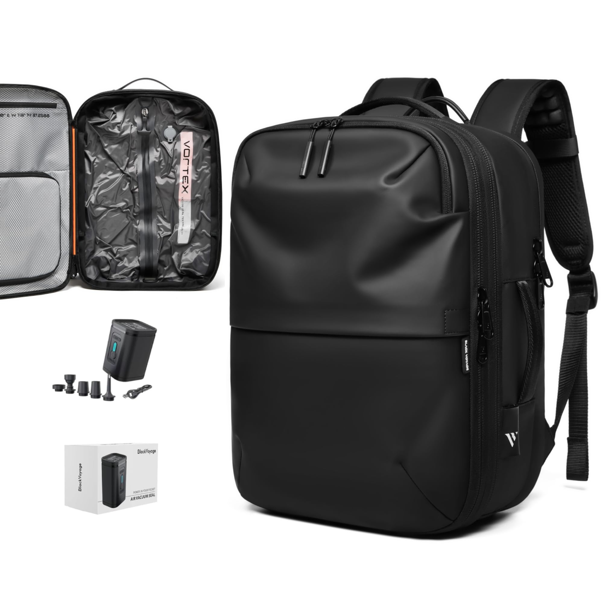 BlackVoyage Vortex Vacuum Seal Travel Backpack 60L Expandable Air Compression System Water Resistant TSA Lock Carry-On Suitcase Luggage Black Zephyr - Vacuum Pump Included