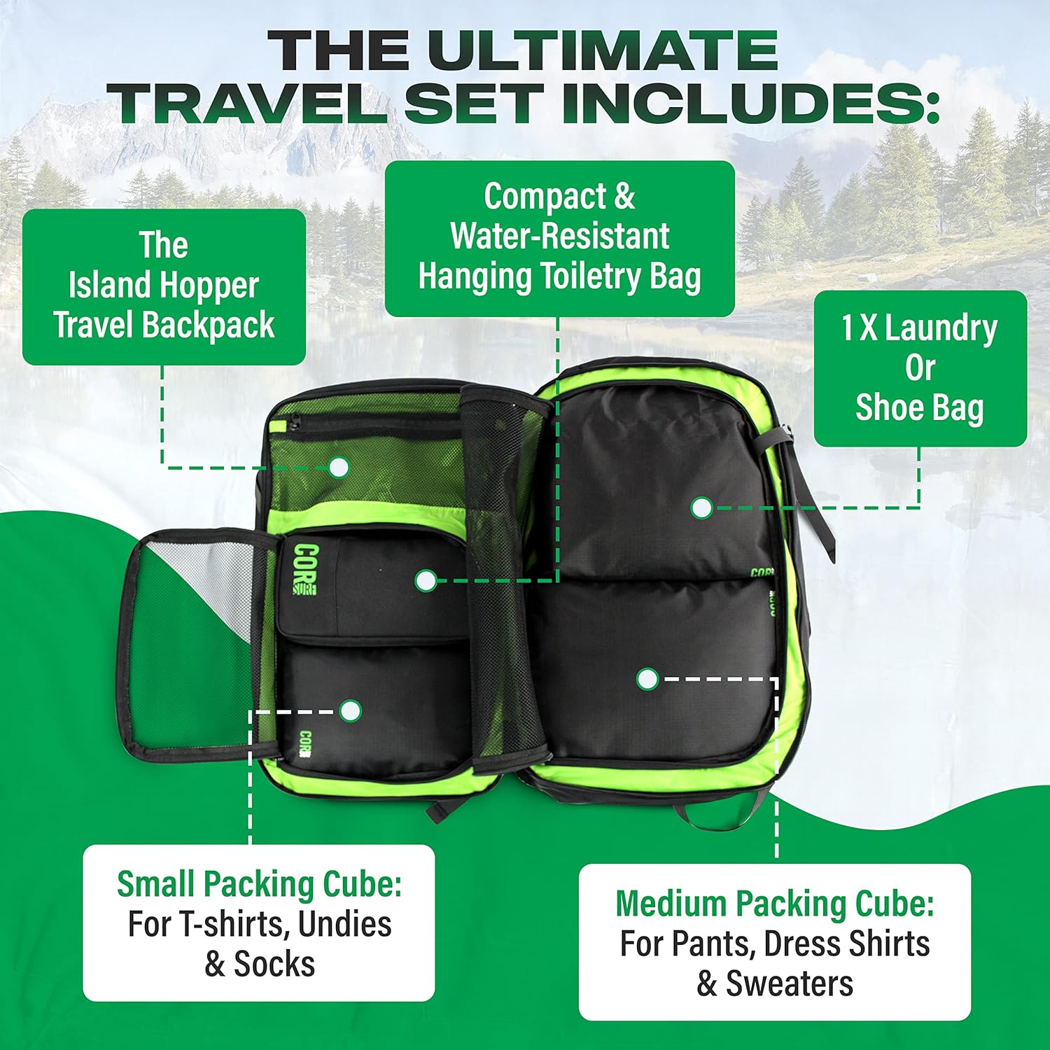 Carry On Travel Backpack Bundle | Island Hopper Travel Backpack with Toiletry Bag and Compression Packing Cube Set